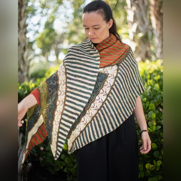 Shawl Large Striped Lace Green Red Yellow Hand Knit Wrap - Picture 9 of 15